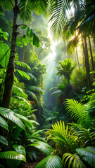 inside jungle , in rainforest / tropical forest landscape