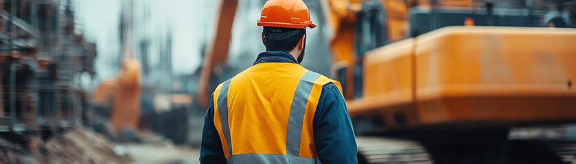 Construction Worker in Yellow Safety Vest and Hard Hat Standing in Front of Construction Equipment Photo