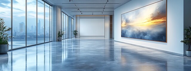  Colored office room interior with coworking space and window. Mockup frame 