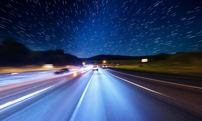 a dynamic nighttime scene of cars speeding along a highway, with streaks of light trailing behind, u