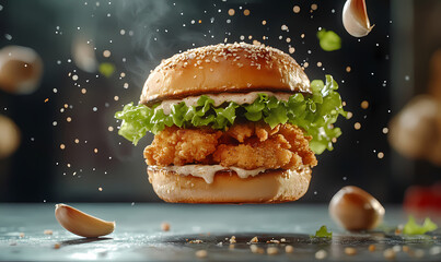 A garlic chicken burger levitating against a backdrop of cool-toned marble, with the burger's layers separated in mid-air to showcase the crispy chicken