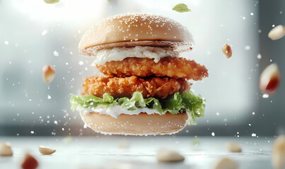 A garlic chicken burger levitating against a backdrop of cool-toned marble, with the burger's layers separated in mid-air to showcase the crispy chicken