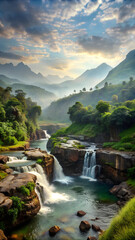 Uganda - November 26, 2016: Wonderful scenery of mountain river cascade flowing into pond with rocky bottom among green jungle thickets in hot sunny day