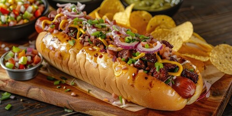 Canvas Print - Delicious gourmet all-beef hot dog accompanied by sides and chips. Flavorful and simple hot dogs garnished with mustard, peppers, onions, and nachos. Hot dogs generously topped with an assortment of