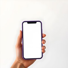 A human hand holding a smartphone with an purple frame, displaying a blank white screen. The background is plain and light-colored.