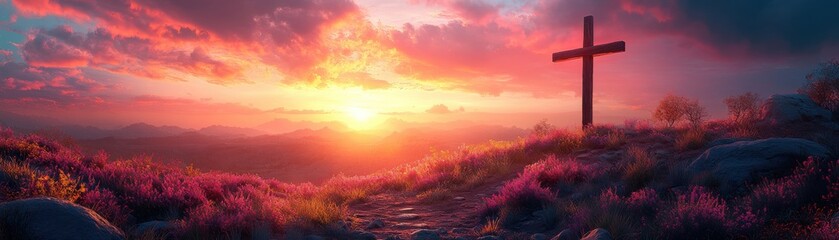 Wall Mural - a beautiful sunset with a cross in the foreground