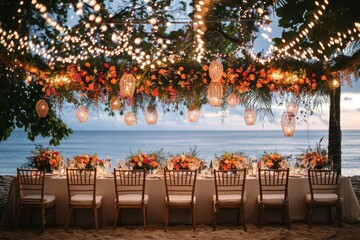 Wall Mural - A beautiful outdoor wedding reception with a long table and chairs