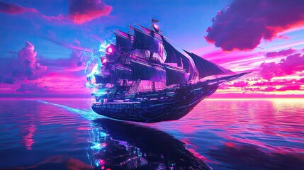 Wall Mural - A Black Ship Sailing Through a Pink and Blue Sunset