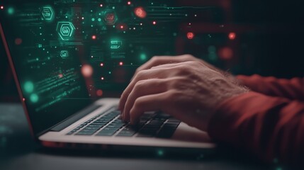 Close-up of hands typing on a laptop with illuminated code on screen, digital security icons, representing cybersecurity and data protection.
