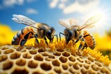 A close-up of honeybees working on a honeycomb, their wings and bodies covered in golden pollen, in a sunlit field of wildflowers