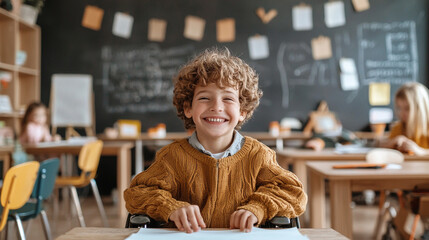 A boy in a yellow sweater is sitting at a desk in a classroom