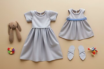 Baby's Dress and Toy on Beige Background for Child Apparel Mockup