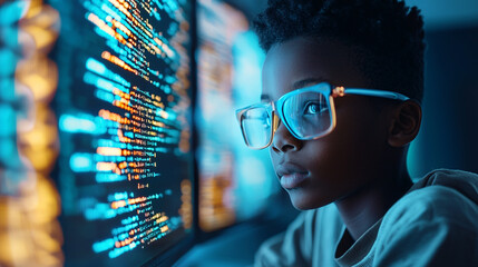 A young black boy wearing glasses is looking at a computer screen with a lot of