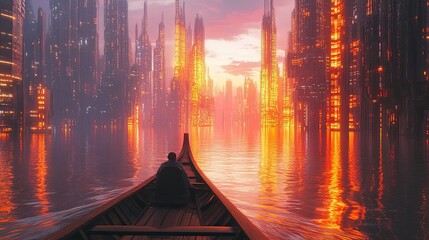 Wall Mural - A lone figure rows a boat through a flooded futuristic cityscape at sunset