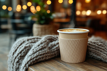 Wall Mural - A cup of coffee is sitting on a table next to a blanket