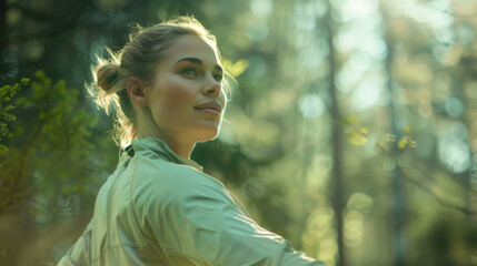 Wall Mural - A dynamic close-up of a woman in mid-stretch, athletic and focused, with a slight smile, dressed in a pale