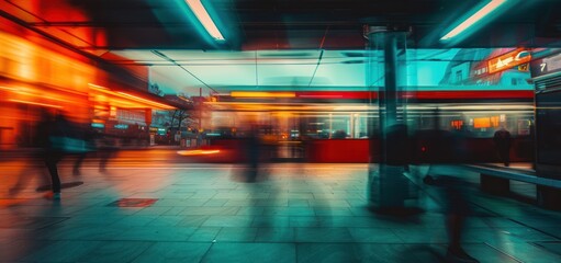 Wall Mural - Blurry Cityscape - Motion Blur of a Bus Station at Night