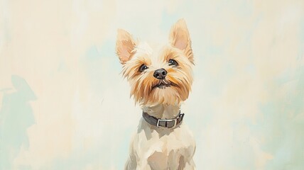 A charming portrait of a Yorkie dog with a playful expression against a soft, pastel background.