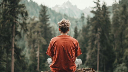 A man in an orange shirt is sitting on a log in a forest