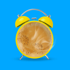 Wall Mural - Yellow alarm clock with coffee instead of dial on light blue background