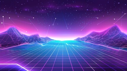 Retro Futuristic Landscape with Neon Grid and Stars
