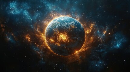 a fiery planet engulfed in a swirling nebula