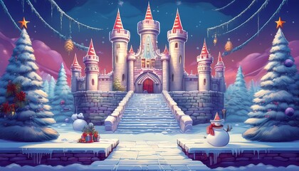 Wall Mural - Pixelated Frozen Castle Level - A 16-bit pixel art design of a winter castle with Christmas trees and snowman. Game design poster. Graphic art 8 bit New Year illustration. Ai Generative