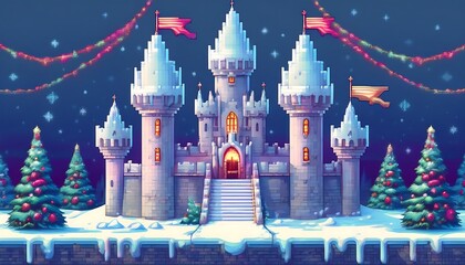 Wall Mural - Pixelated Frozen Castle Level - A 16-bit pixel art design of a winter castle with Christmas trees and snowman. Game design poster. Graphic art 8 bit New Year illustration banner