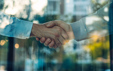 photo of two business man hand shaking office background