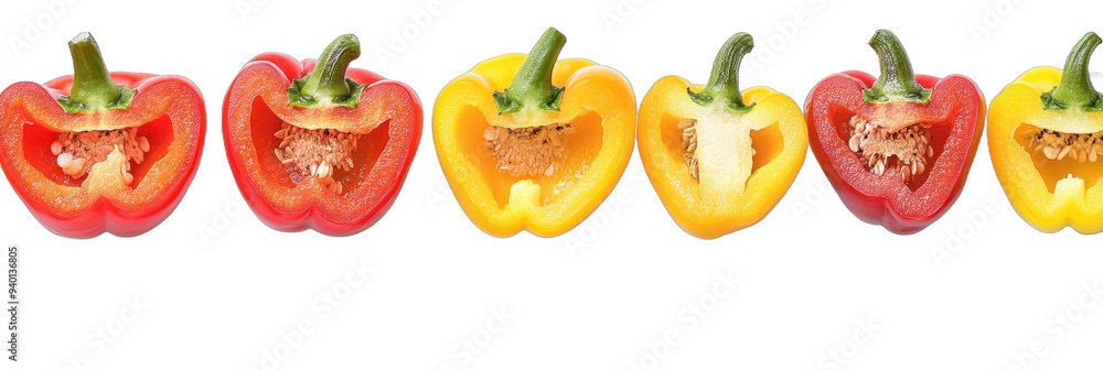 Red and Yellow Bell Peppers Cut in Half on a White Background ...