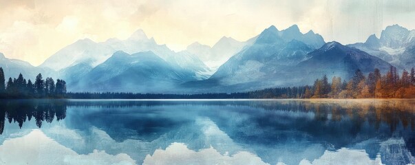 Serene landscape featuring mountains reflected in a calm lake under a pastel sky, evoking tranquility and natural beauty.