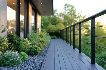 Sticker - Modern Balcony with Green Plants and a Black Railing