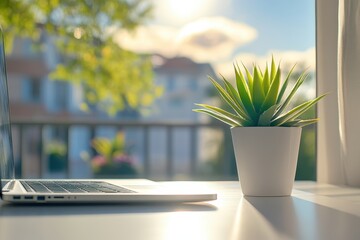 Poster - Laptop and Plant on Windowsill