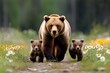 © Thanyarat - A grizzly bear mother leading her cubs through a meadow, with the wildflowers in full bloom and a sense of nurturing and protection