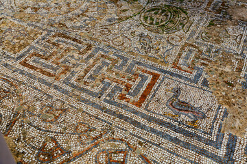 Wall Mural - Remains of fine artful mosaics decorating floors of houses in ancient town of Ephesus. Archaeological and historical sights of modern Turkey..