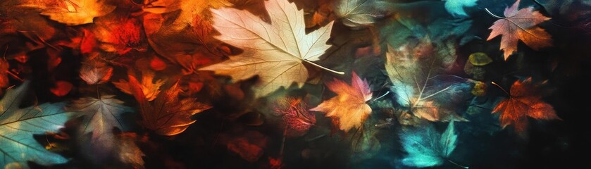 Poster - Colorful autumn leaves gracefully falling, creating a vibrant and enchanting scene of nature's beauty in full display.