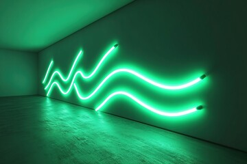 Wall Mural - a long, curved neon light glowing in a green color illuminating the dark room