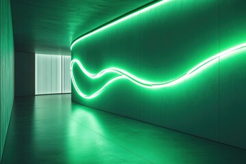 Wall Mural - a long, curved neon light glowing in a green color illuminating the dark room