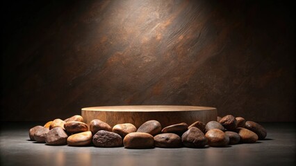 Wall Mural - Brown stones arranged on a dark background for a stylish podium , stones, dark, background, podium, design