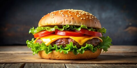 Wall Mural - Delicious homemade burger with lettuce, tomato, cheese, and beef patty on a sesame seed bun, burger, food, hamburger