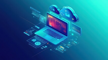 Laptop Cloud Computing Data Analysis Illustration