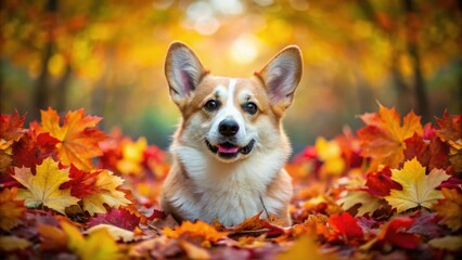 Cute corgi surrounded by colorful fall leaves, corgi, dog, autumn, leaves, adorable, fluffy, pet, seasonal, foliage, outdoors