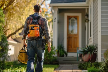 Handyman approaching house with tools