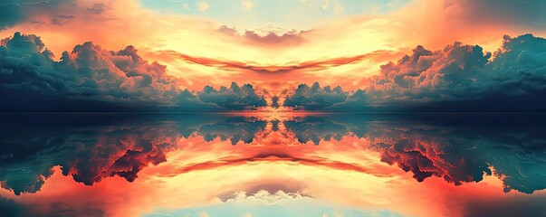 Wall Mural - Stunning sunset reflected in a tranquil water body, showcasing vibrant hues of orange, pink, and blue in a serene landscape.