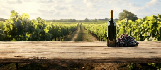 Wall Mural - Wine Bottle and Grapes on Wooden Table with Vineyard Background