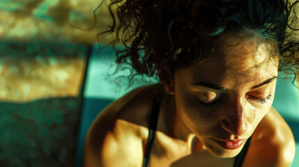 Wall Mural - A dynamic close-up shot of a woman in a stretching pose, deep concentration, side lighting creating dramatic shadows, smooth background with