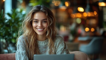 Wall Mural - Smiling Woman in a Cafe