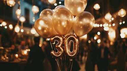 An elegant 30th birthday celebration featuring a bunch of sparkling balloons with bokeh lights in the background, creating a festive and luxurious atmosphere.