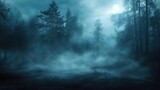 Fototapeta Las - Mysterious forest landscape shrouded in fog under a full moon, creating an eerie and atmospheric nighttime scene.