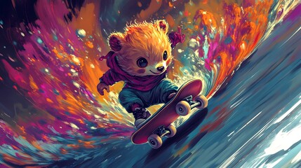 Wall Mural - Colorful Bear Skateboarding.